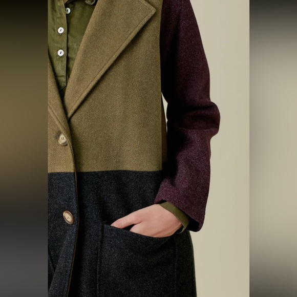 437. NEW Mystree Color Block Long Trench Coat Charcoal Olive Burgundy - Picture 4 of 7